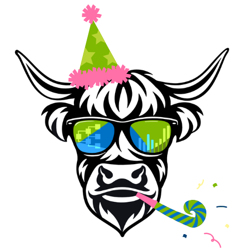 The DATA:Scotland highland coo wearing a party hat